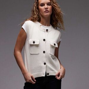 ARKET Off White Knit Tank Vest Button Front Patch Pockets Size Medium